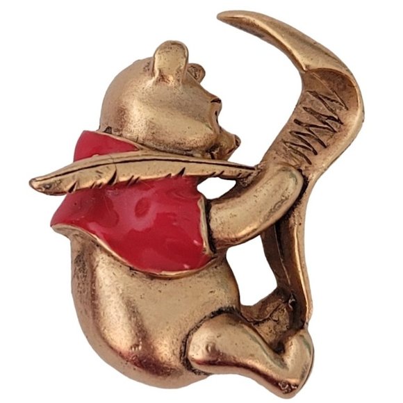 Disney Matte Gold Tone Red Enamel Pooh Writing Letter, List Brooch Pin E174 - Picture 1 of 8